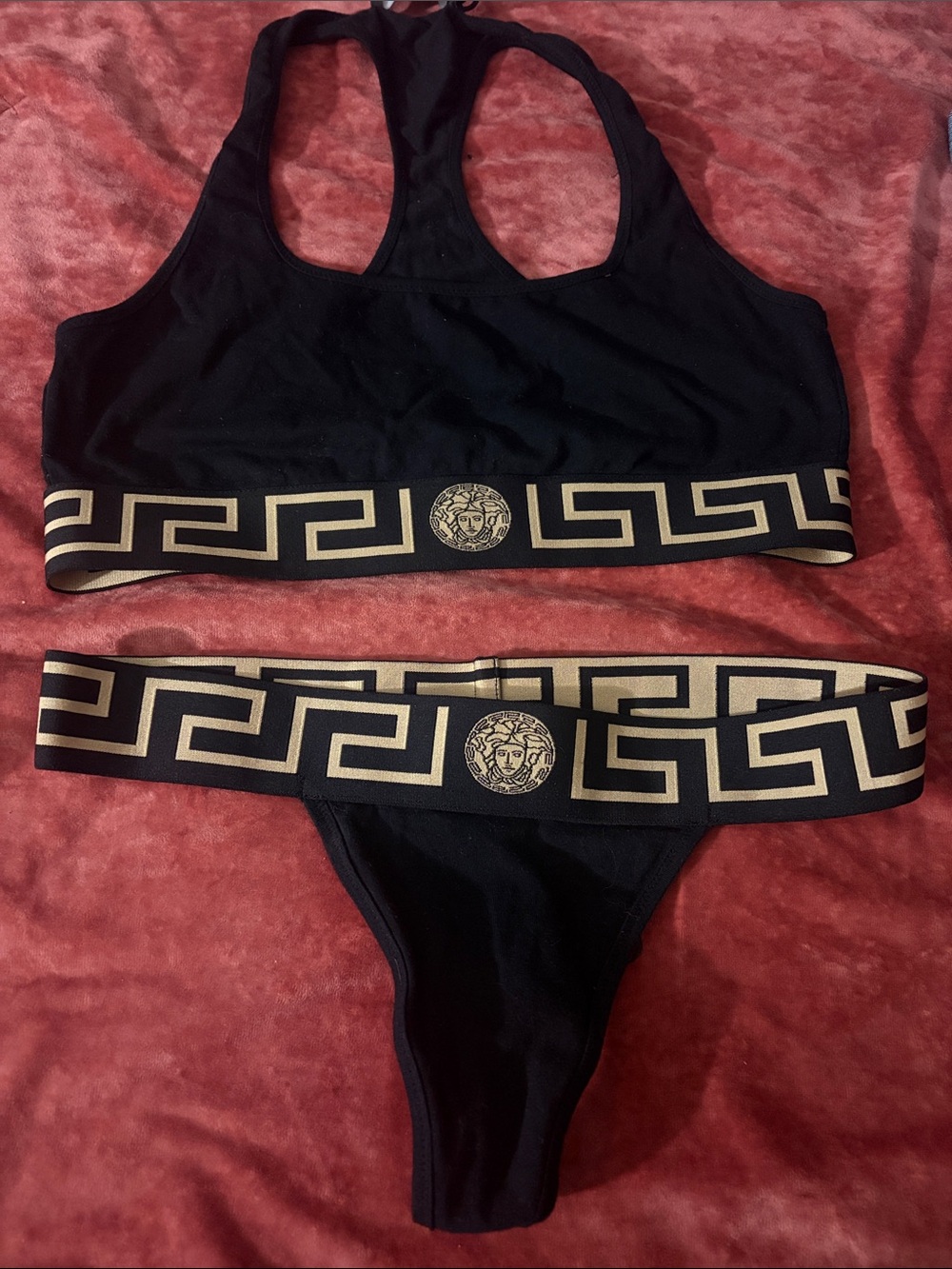 Versace Black Sports Bralette & Thong Set with Gold Medusa Band worn once